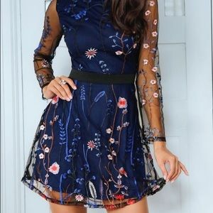 Floral Embroidery Mesh Sleeve Mini Dress